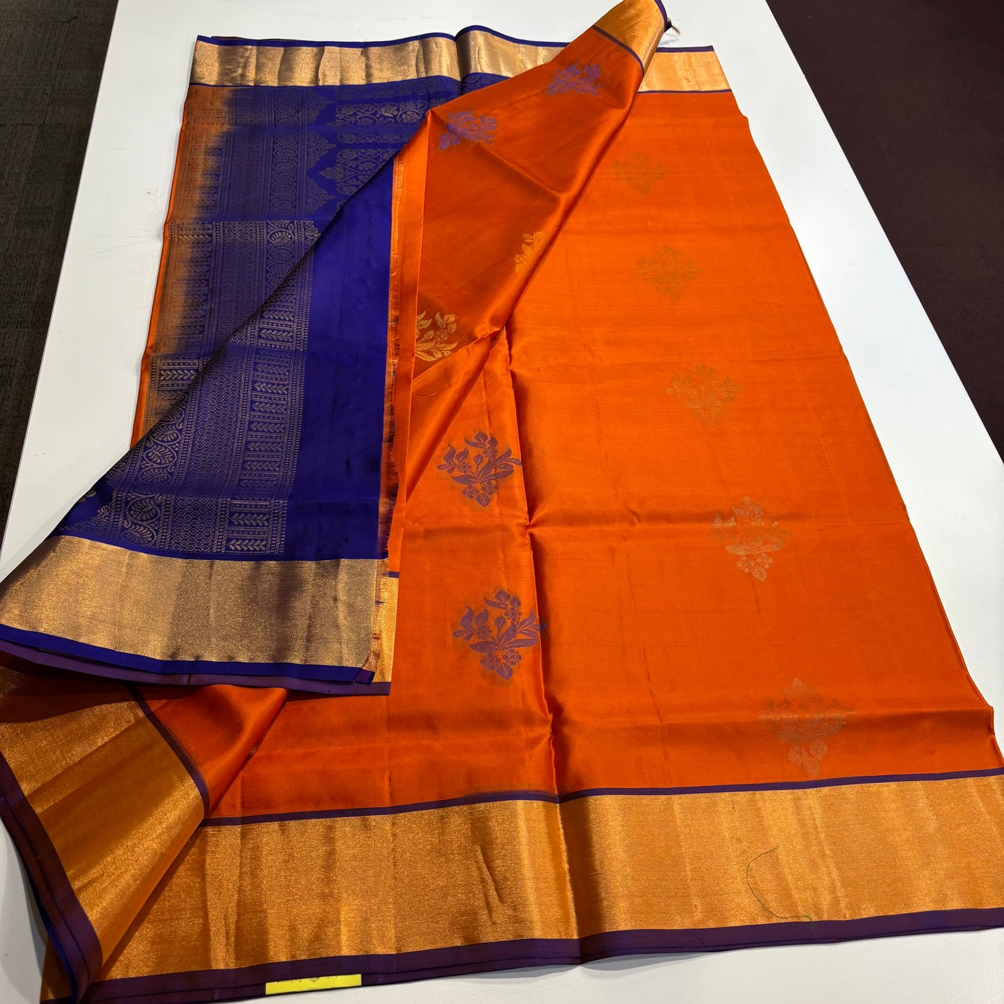 Pure Kanchipuram Silk Saree – Burnt Orange with Vibrant Blue Contrast