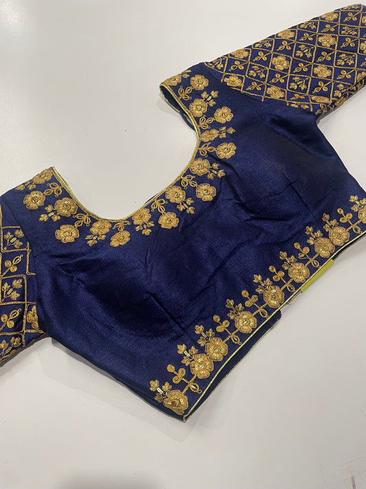 Dark Blue Designer Ready-Made Blouse with Floral Zari Embroidery – Luxe Pairing for Sarees & Lehengas