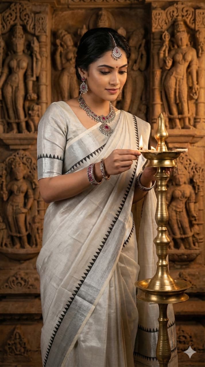 Kerala Tissue Silk Saree with Silver Temple Border – Festive Wear | Shrees Fashion