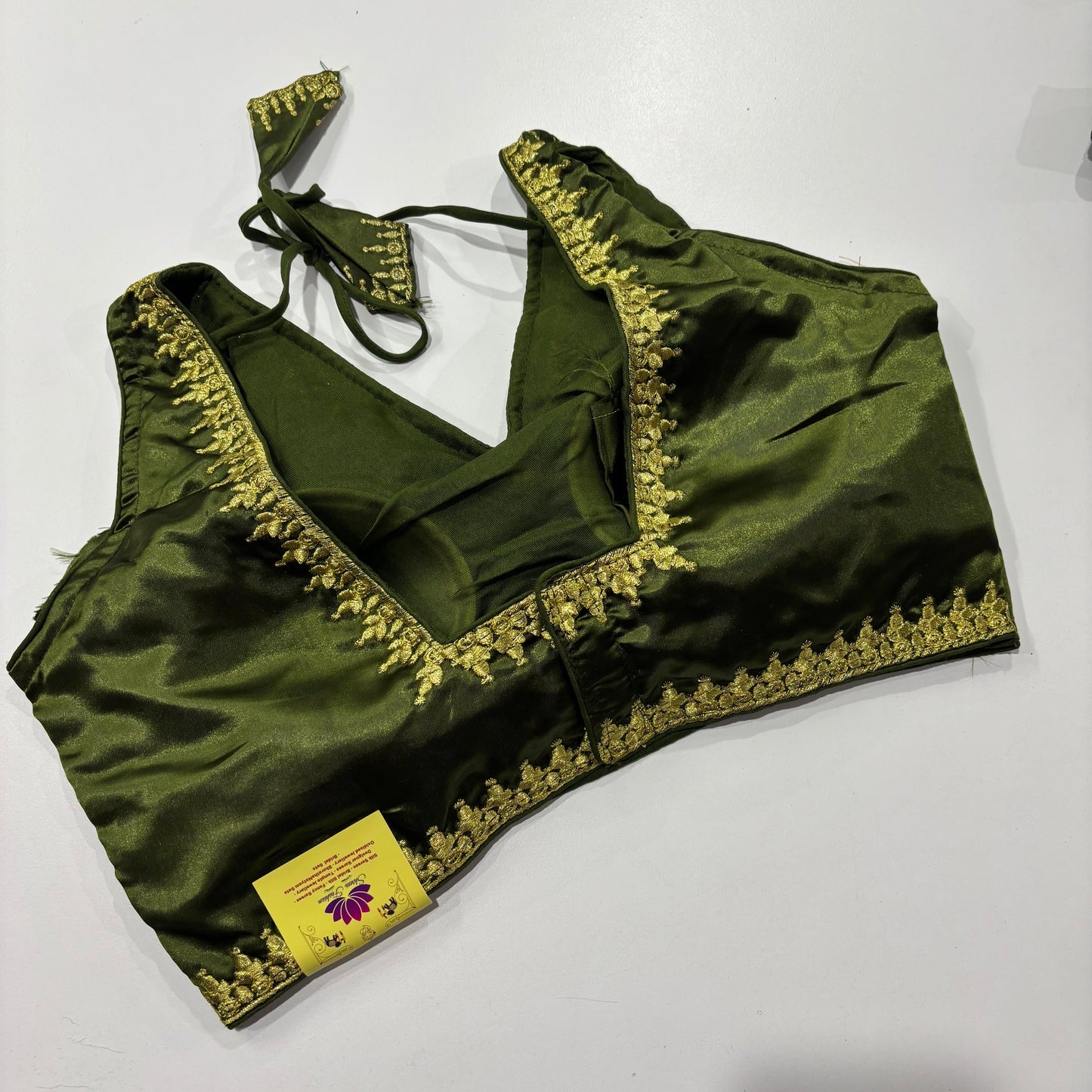 Olive Green Sleeveless Blouse – Draped Sleeve Detail for Festive Flair