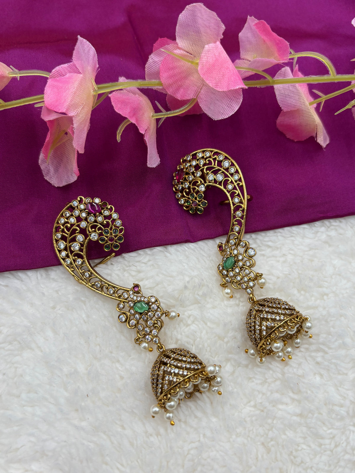 Antique Gold Finish Temple Earcuff with Ruby, Green Stones & Pearl Drops