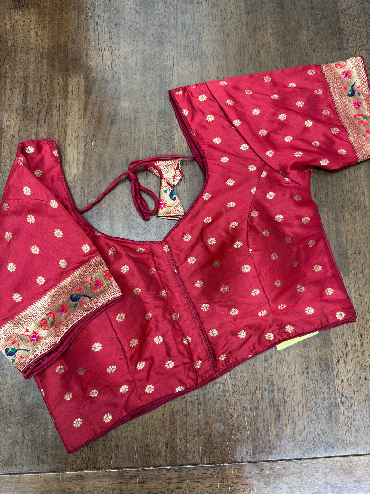 Traditional Mehroon Saree Blouse with Paithani Embroidered Sleeves