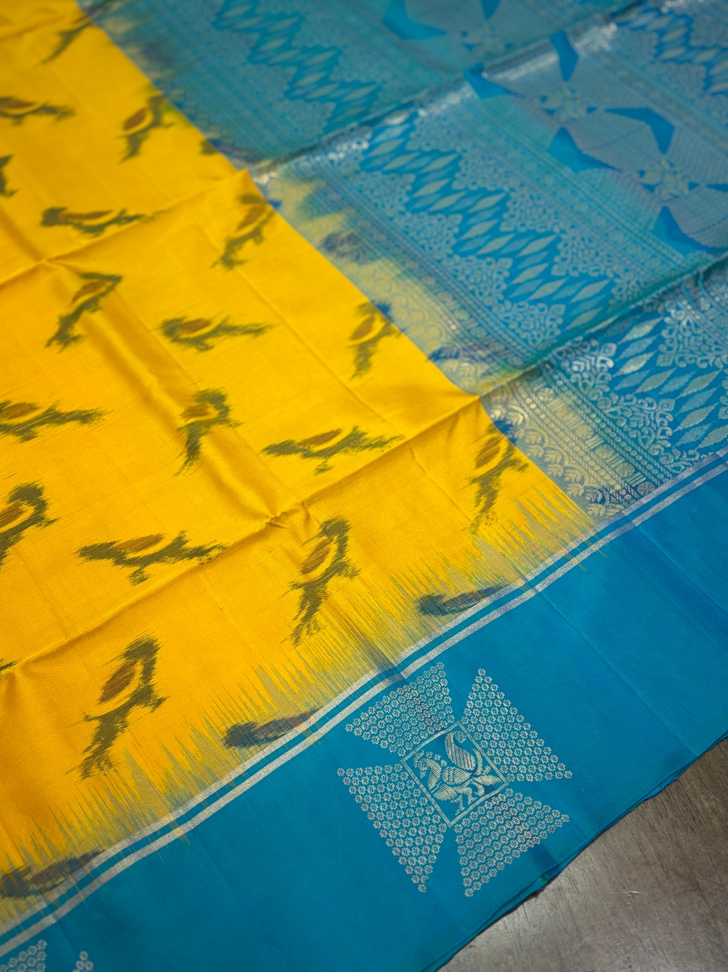 Yellow and Blue Kanchipuram Silk Saree with Parrot Motifs