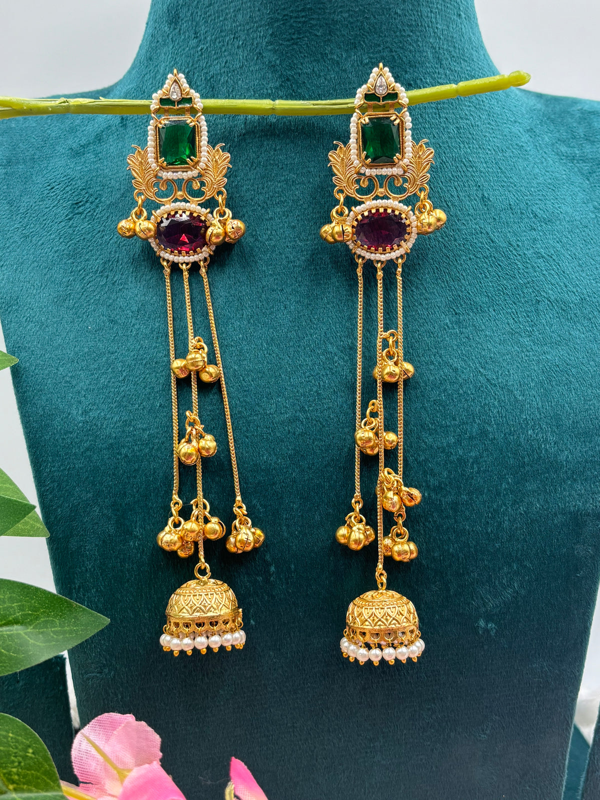 Three‑Layer Kashmiri Kundan Earrings with Green & Maroon Stones and Pearl Dome