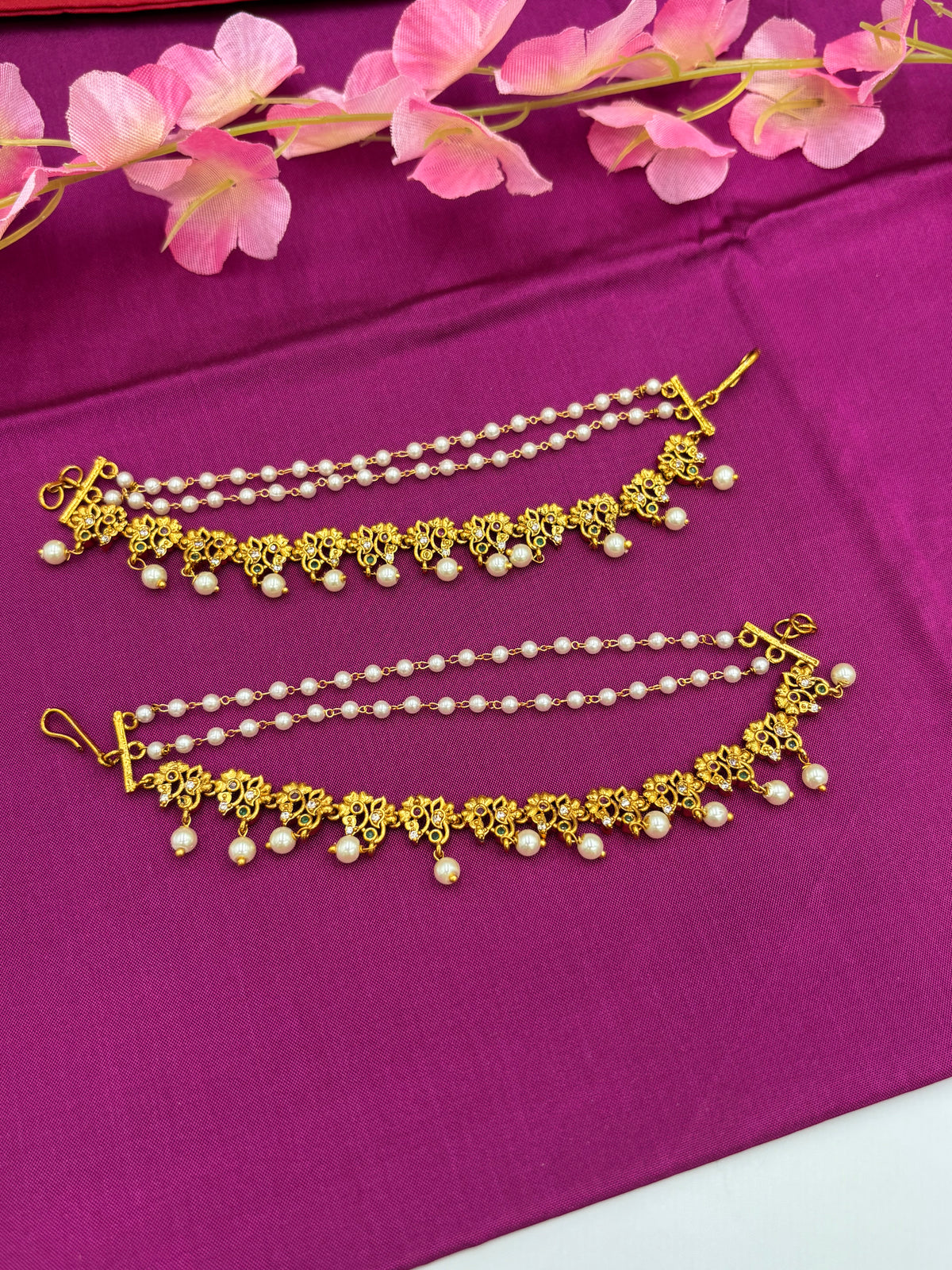 Premium Gold Ear Chain with Floral Motifs & Pearls