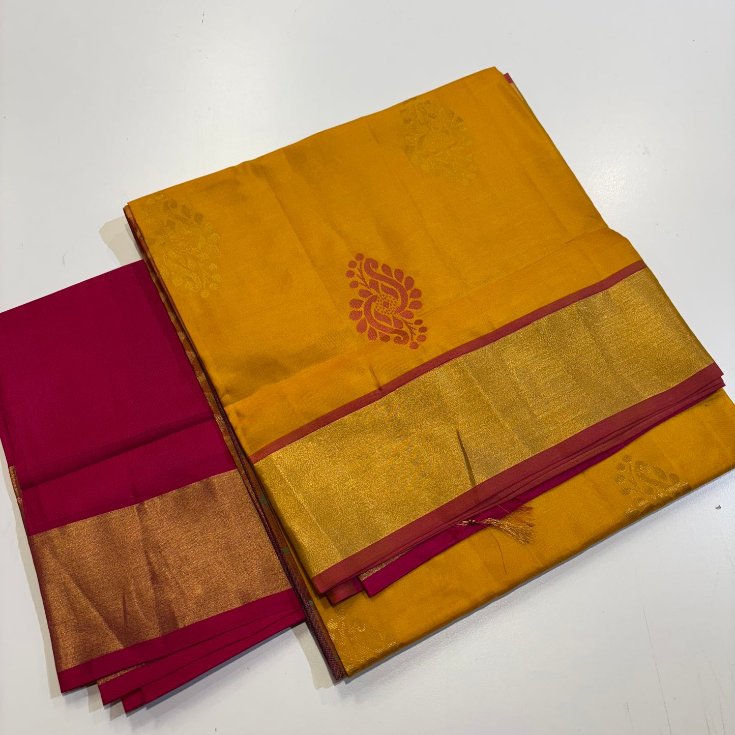 Sunshine & Silk: Yellow Kanchipuram Silk Saree with Rani Pink Pallu