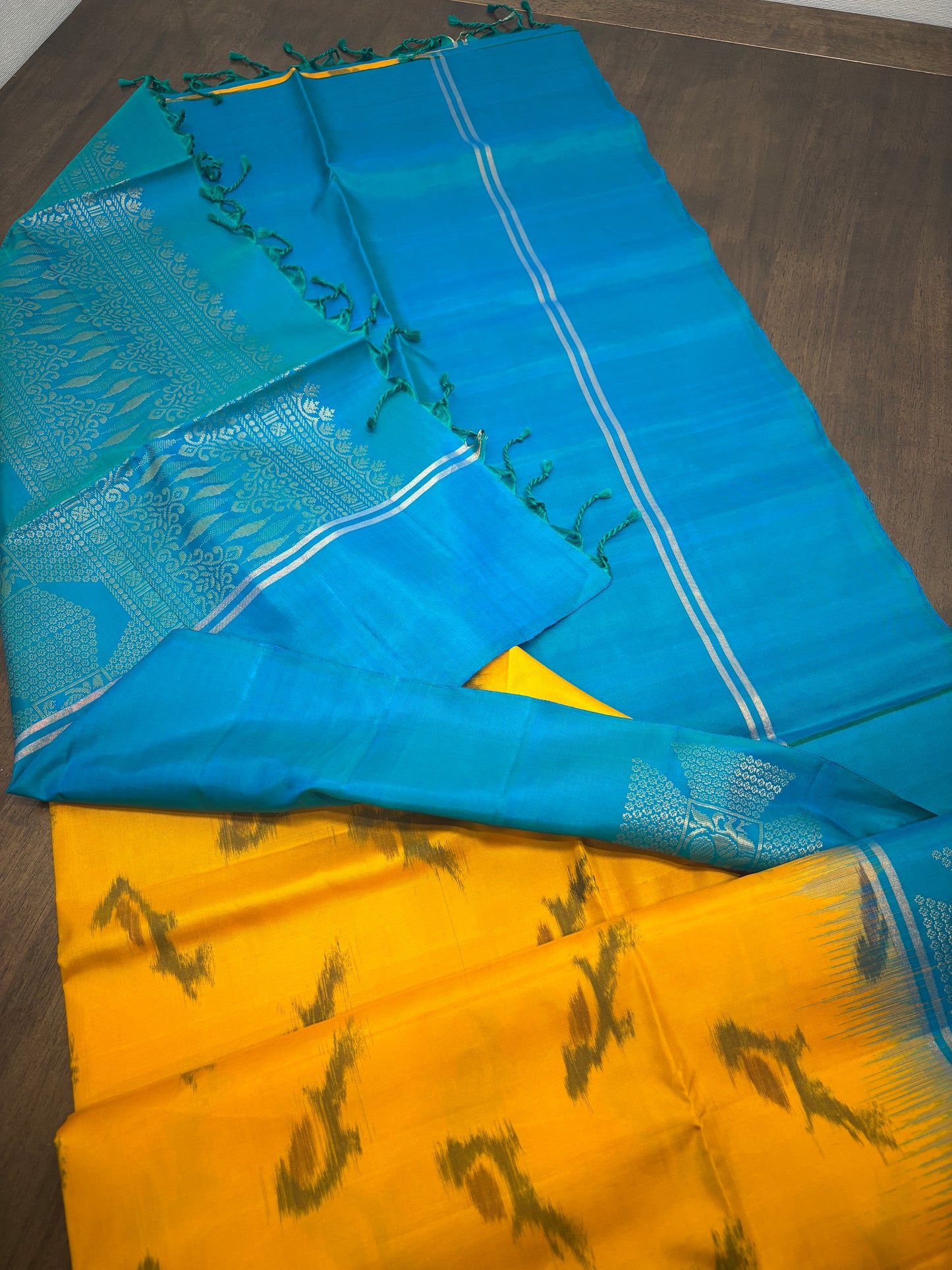 Yellow and Blue Kanchipuram Silk Saree with Parrot Motifs