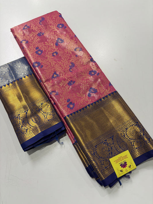 Elegant Baby Pink Semi Silk Saree with Blue Highlights & Traditional Contrast Detailing
