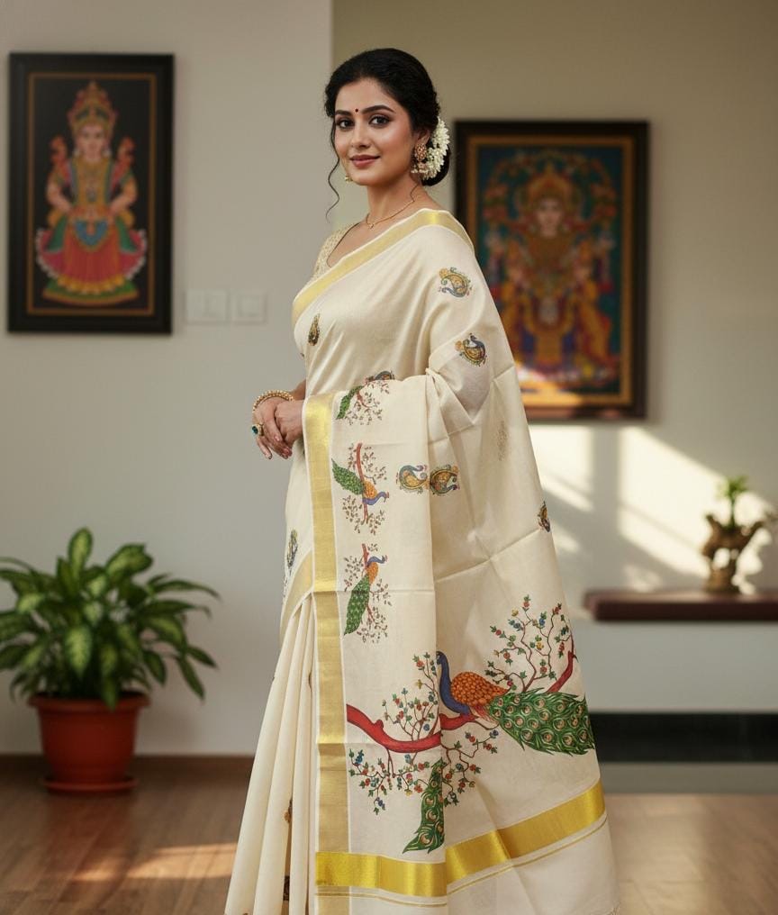 Kerala Kasavu tissue silk saree with peacock and floral tree pallu