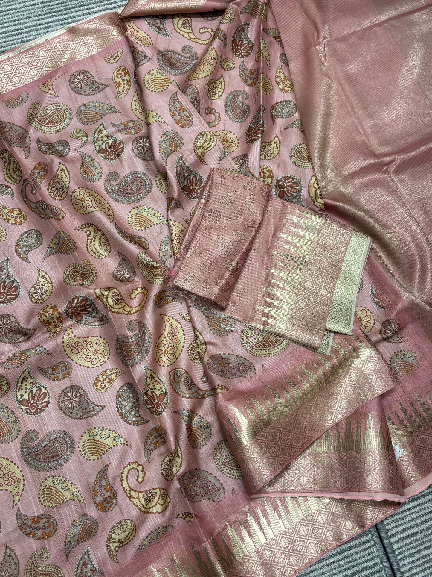 Elegant Pitch Pink Banarasi Tussar Saree with Traditional Mango Prints and Golden Detailing
