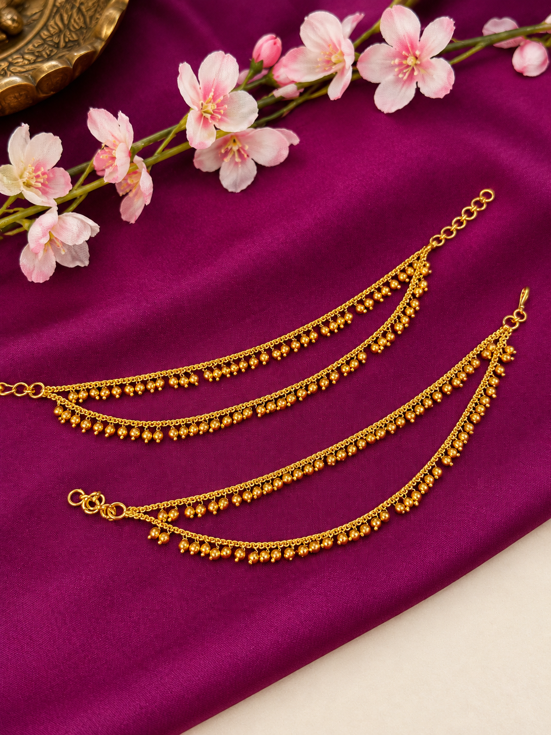 Traditional Gold Bead Ear Chain with Dual Chain Design