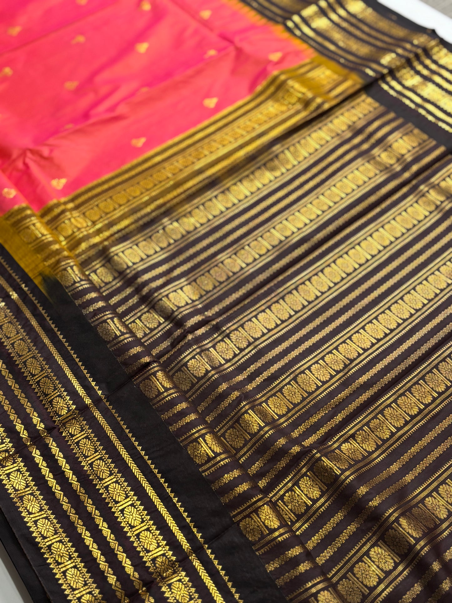 Peach & Brown Kanchipuram Semi Silk Saree with Contrast Border & Pallu