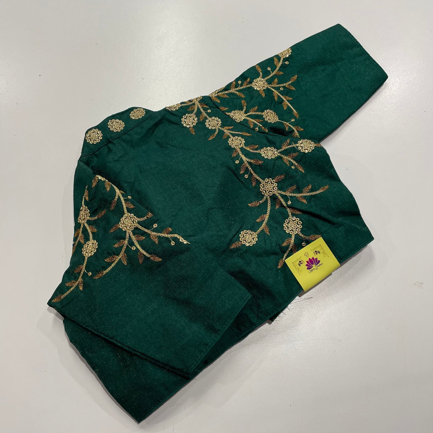 Bottle Green Collar Neck Ready-Made Blouse with Gold Embroidery – Elegant Fusion for Sarees & Festive Wear