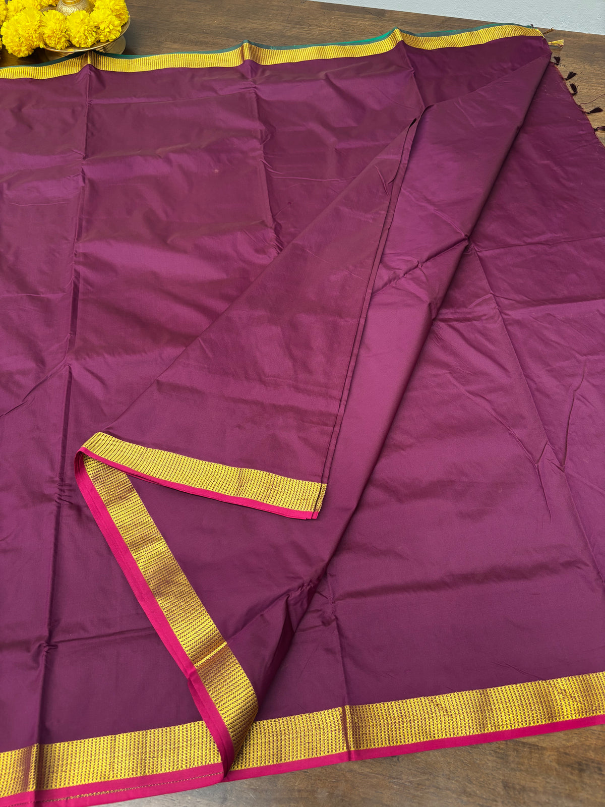 Traditional Wine Semi Silk Saree with Green Pallu and Ganga Jamuna Border