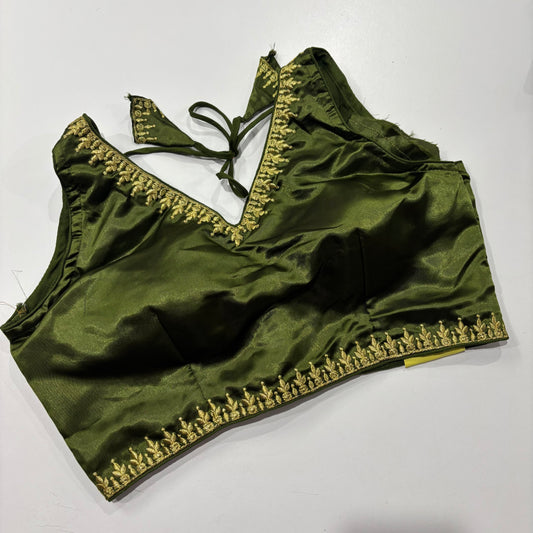 Olive Green Sleeveless Blouse – Draped Sleeve Detail for Festive Flair