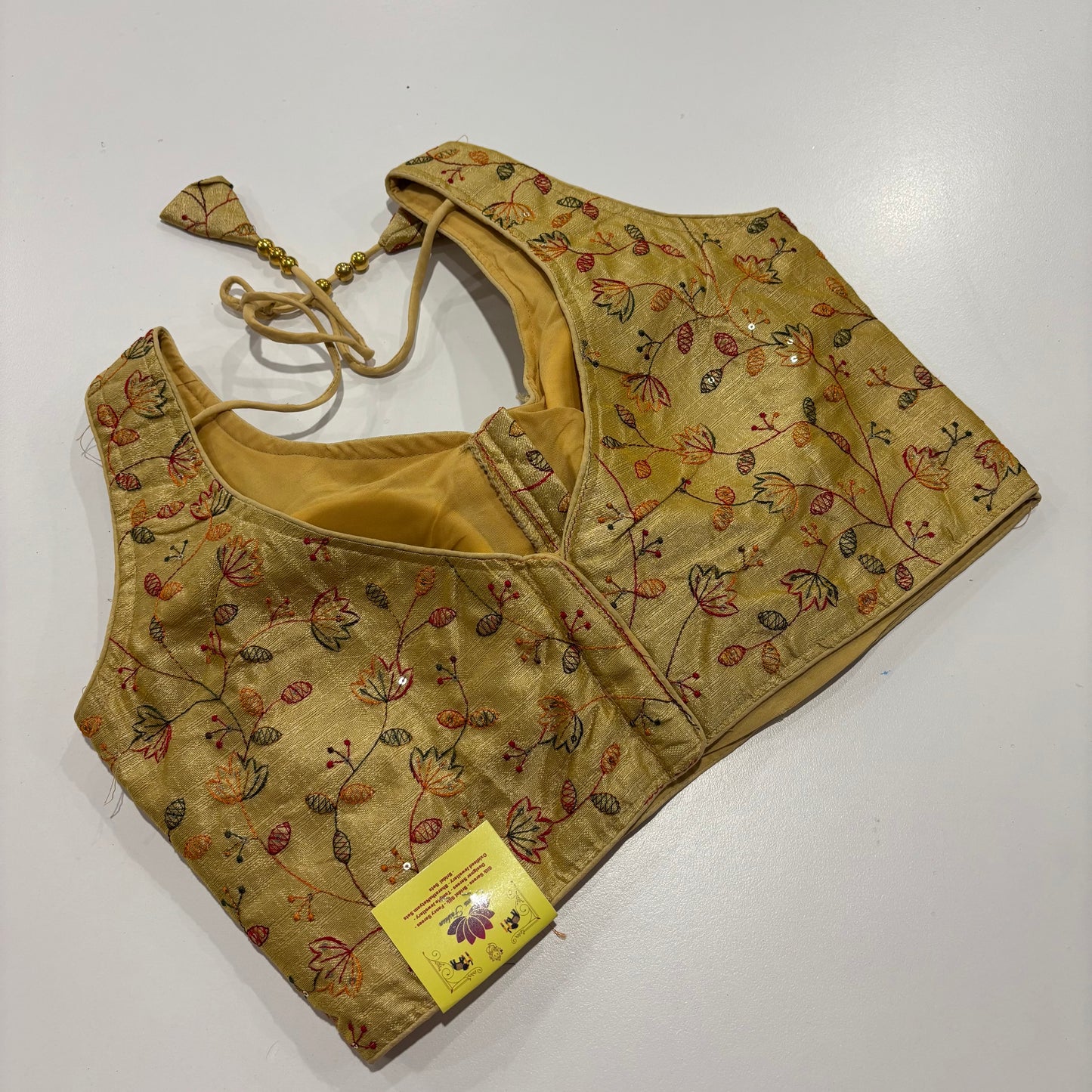 Gold Readymade Blouse with Embroidery & Attached Sleeve Fabric