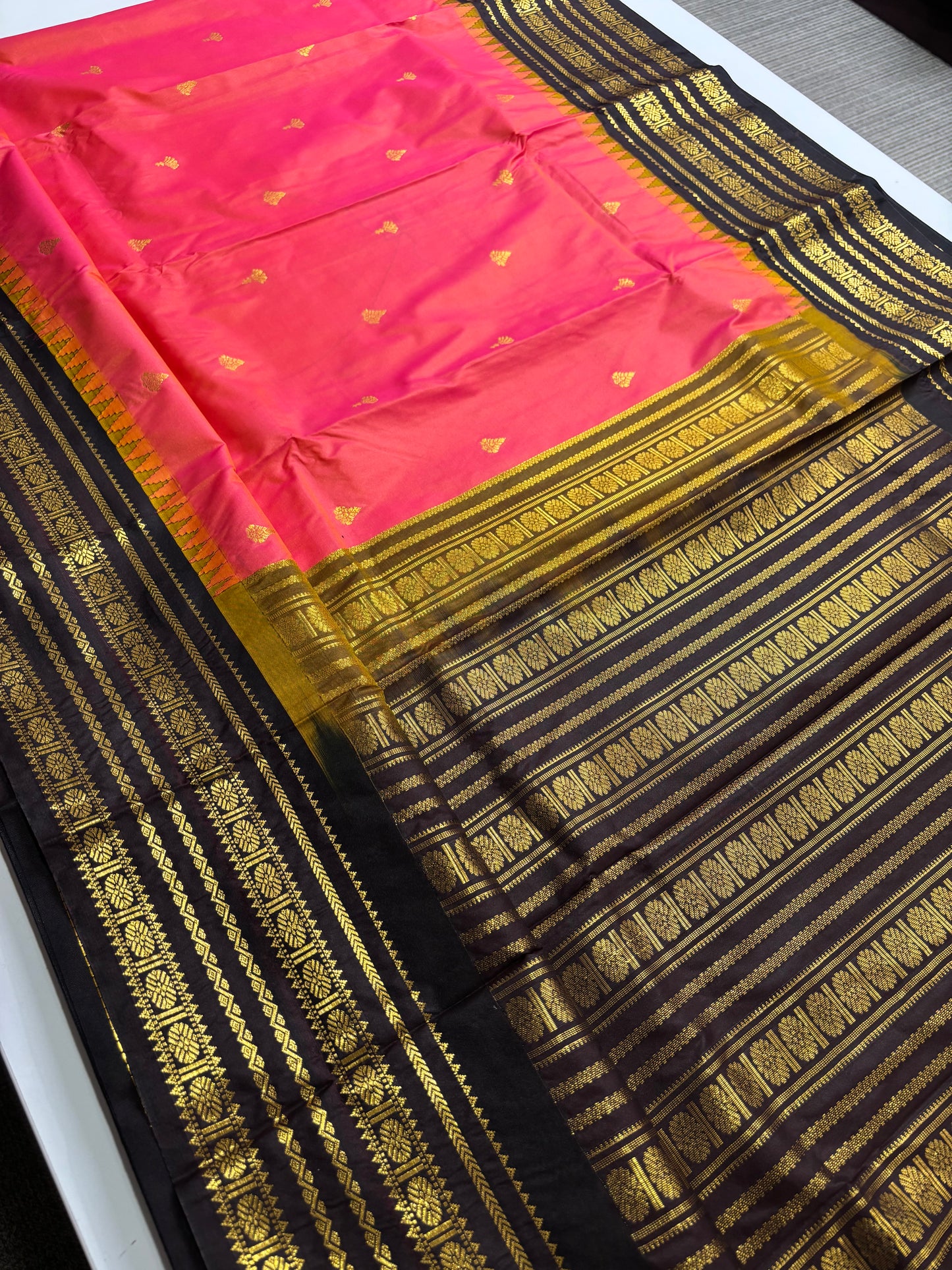 Peach & Brown Kanchipuram Semi Silk Saree with Contrast Border & Pallu