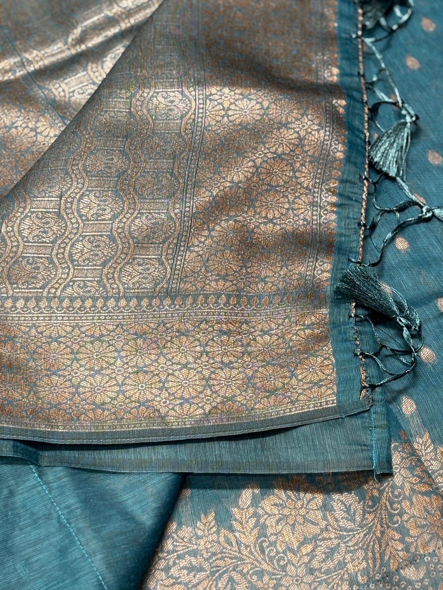 Pure Tussar Silk Saree – Blue Banarasi Design with Antique Golden Zari | Shrees Fashion