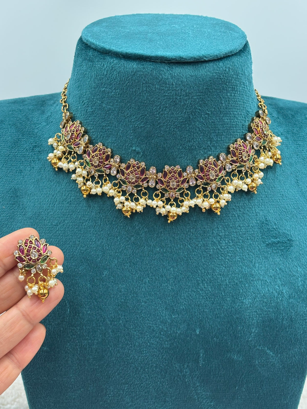 Elegant Floral Lotus Necklace – Antique Gold Finish with Pearls