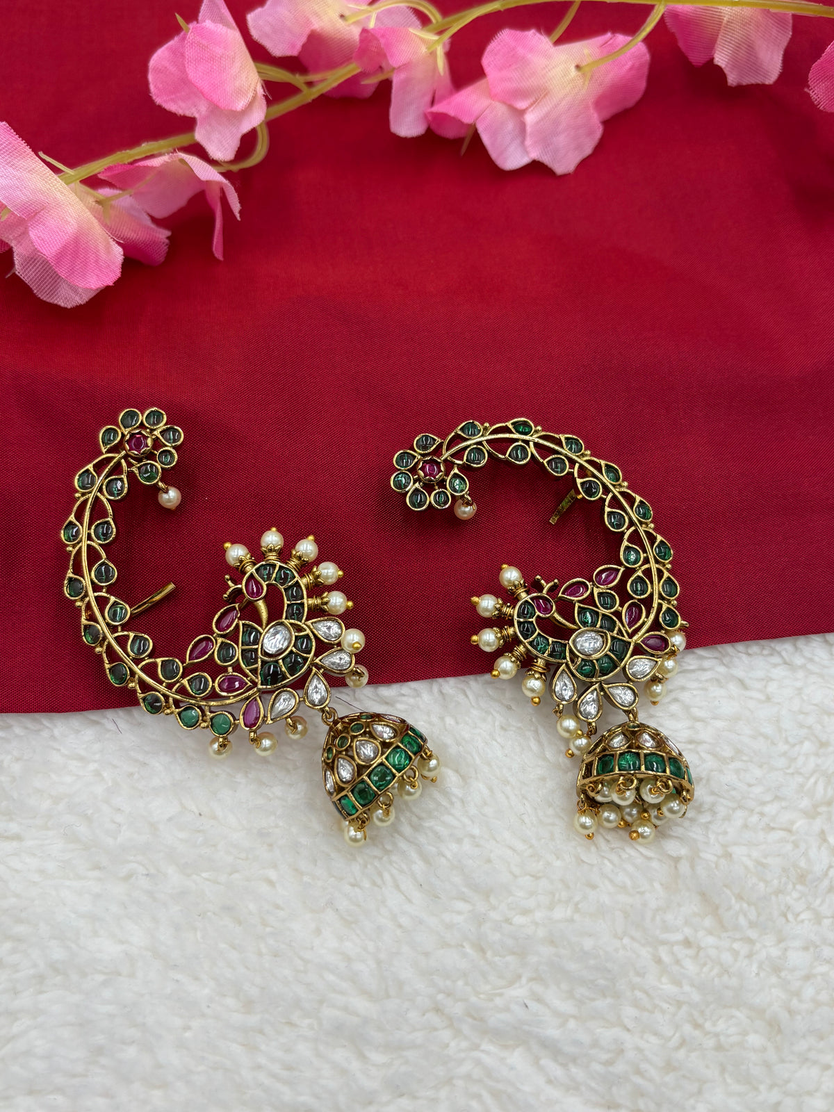 Peacock‑Style Jhumka Earcuff with Green, Ruby & White Stones – Antique Gold Finish