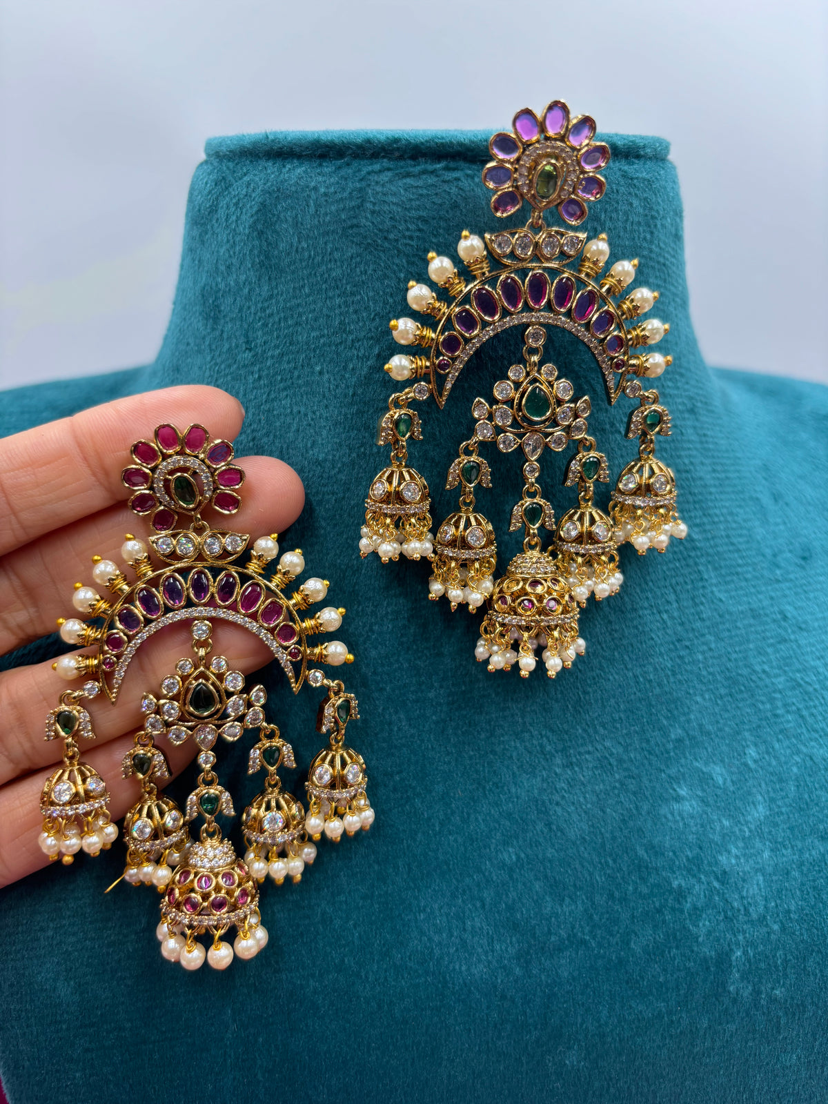 Heritage Real Kemp Stone Chandbali Earrings with Grand Triple Jhumka & Pearl Fringe