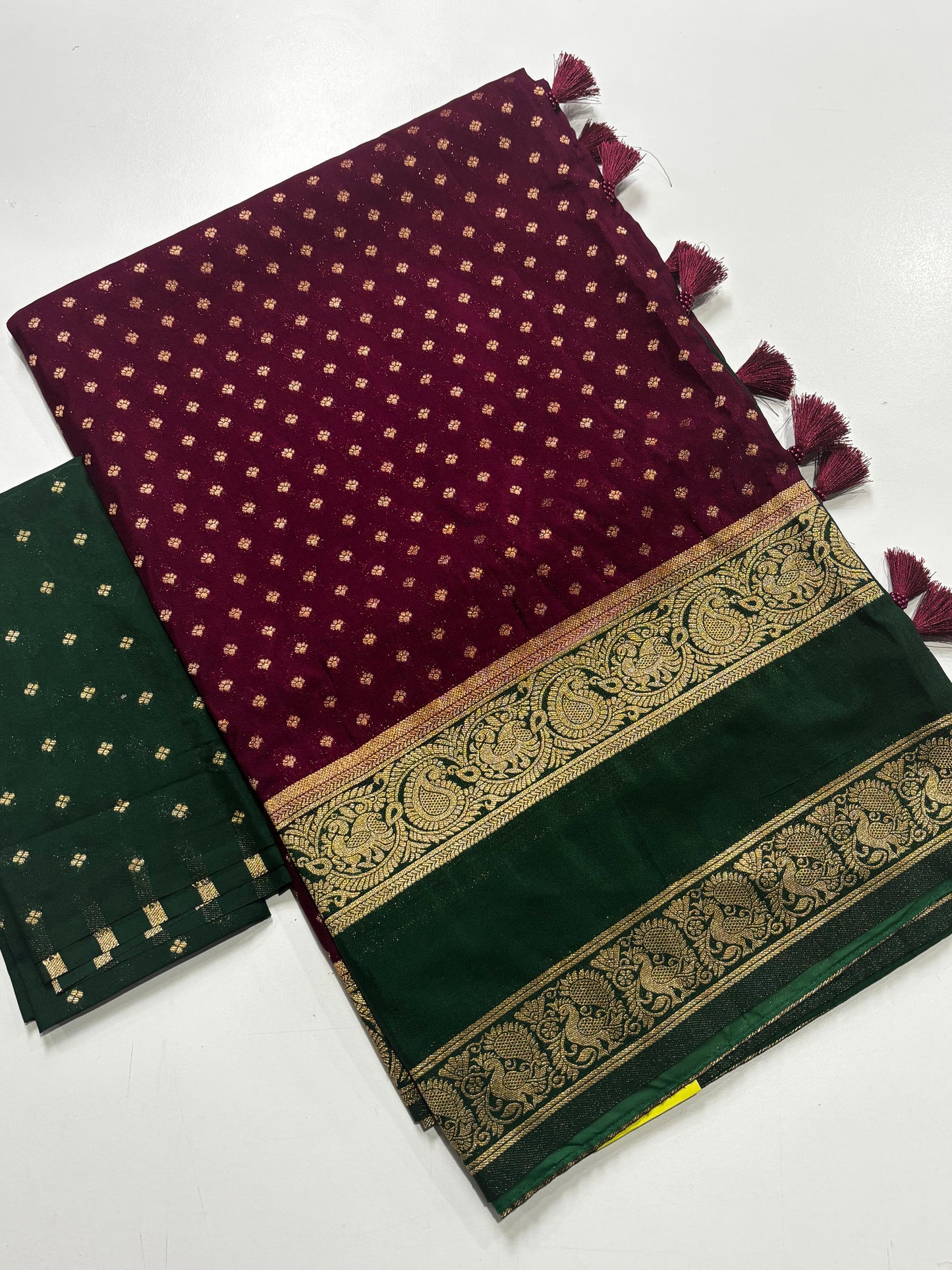 Gracefully Crafted Wine Banarasi Soft Silk Saree with Green Zari Border, Pallu, Tassels & Blouse