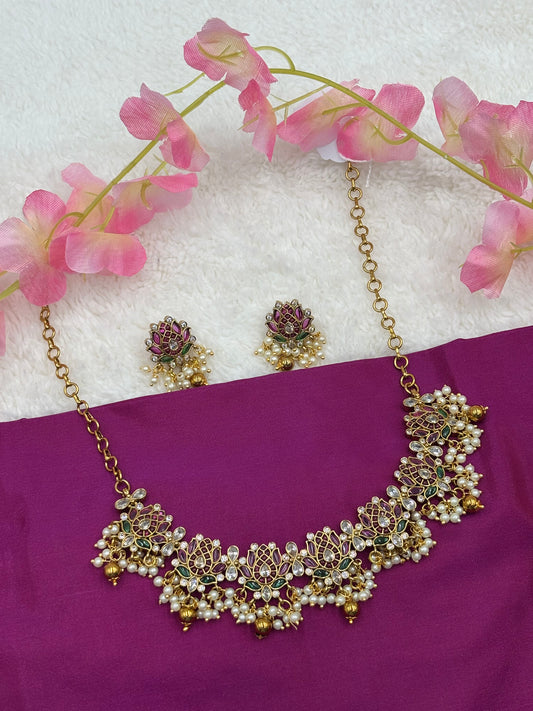 Elegant Floral Lotus Necklace – Antique Gold Finish with Pearls