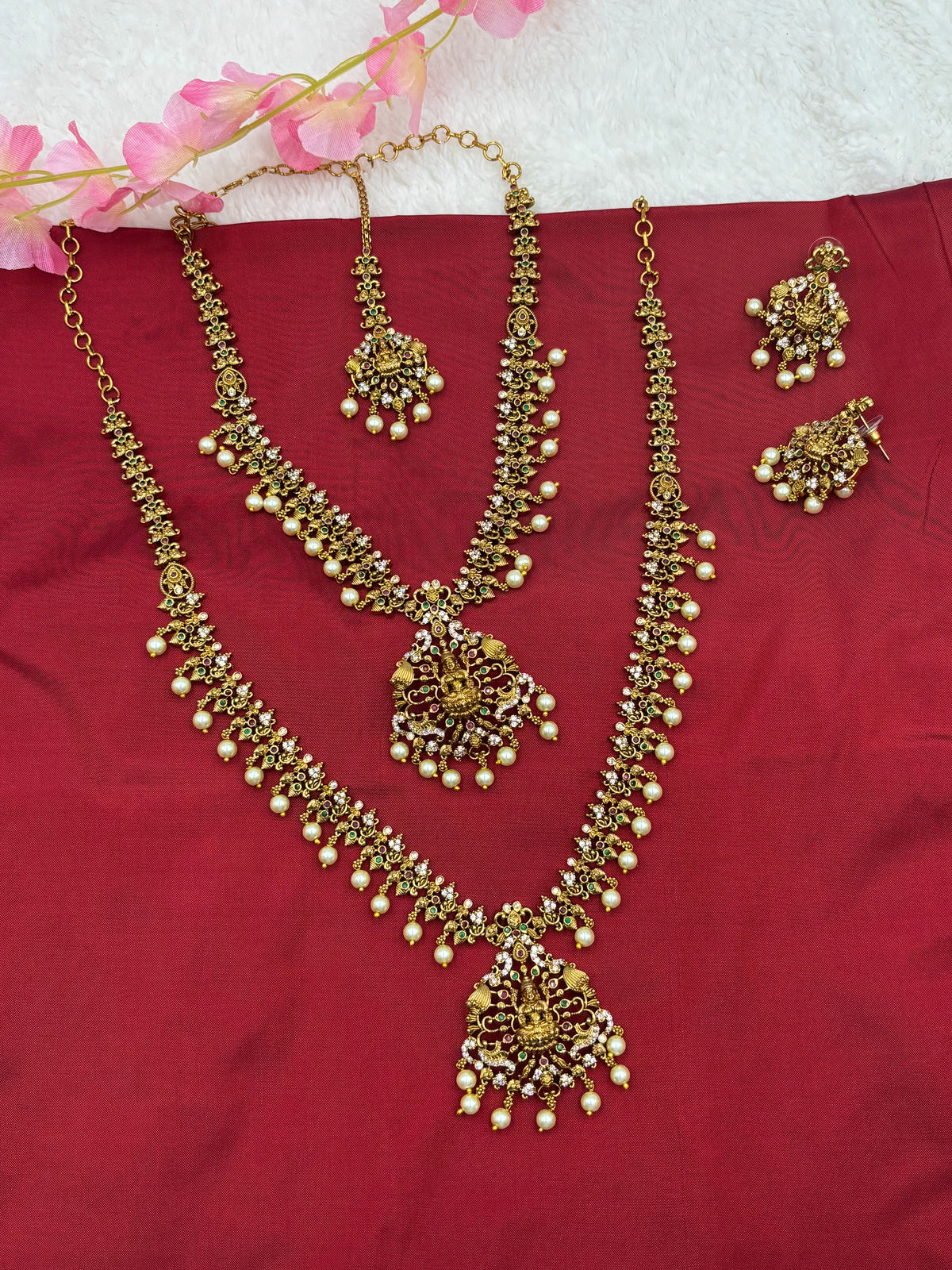 Semi‑Bridal Temple Jewellery Set with Necklace, Long Haram, Maang Tikka & Earrings