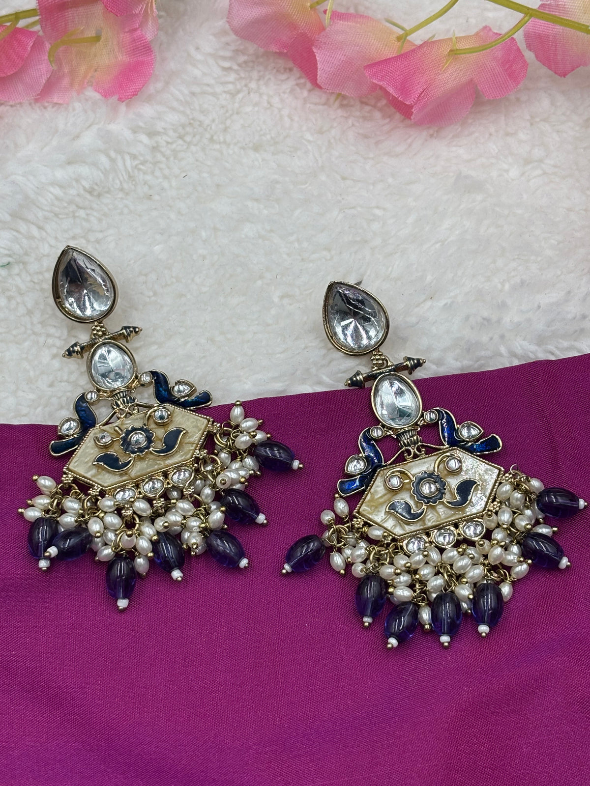 Antique Finish Peacock Kundan Earrings with Blue Meenakari, Pearls & Navy Beads