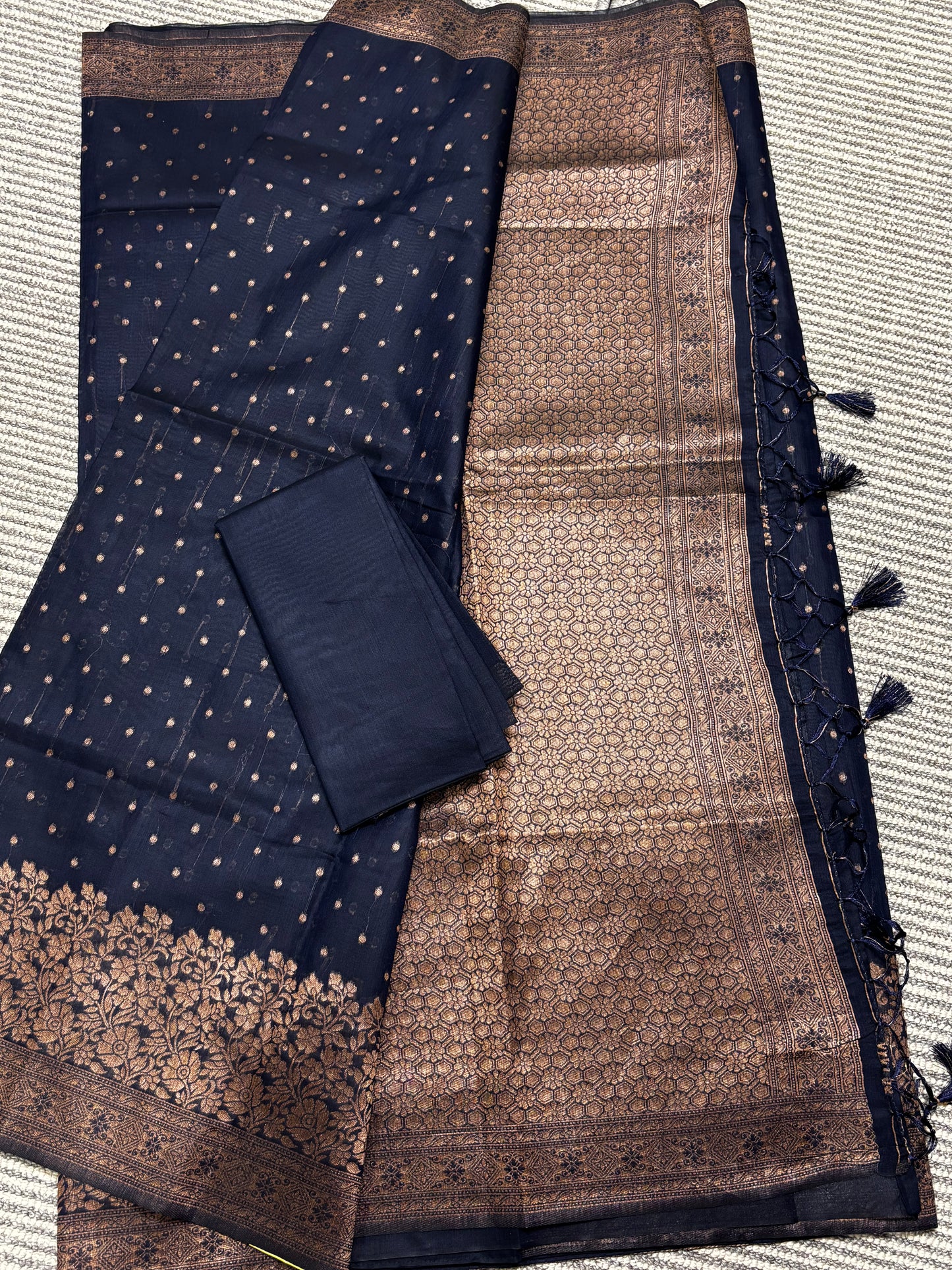 Elegant Dark Blue Tussar Silk Saree with Antique Golden Border & Rich Brocade Pallu