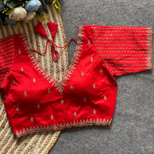 Red V-Neck Blouse with Gold Embroidery