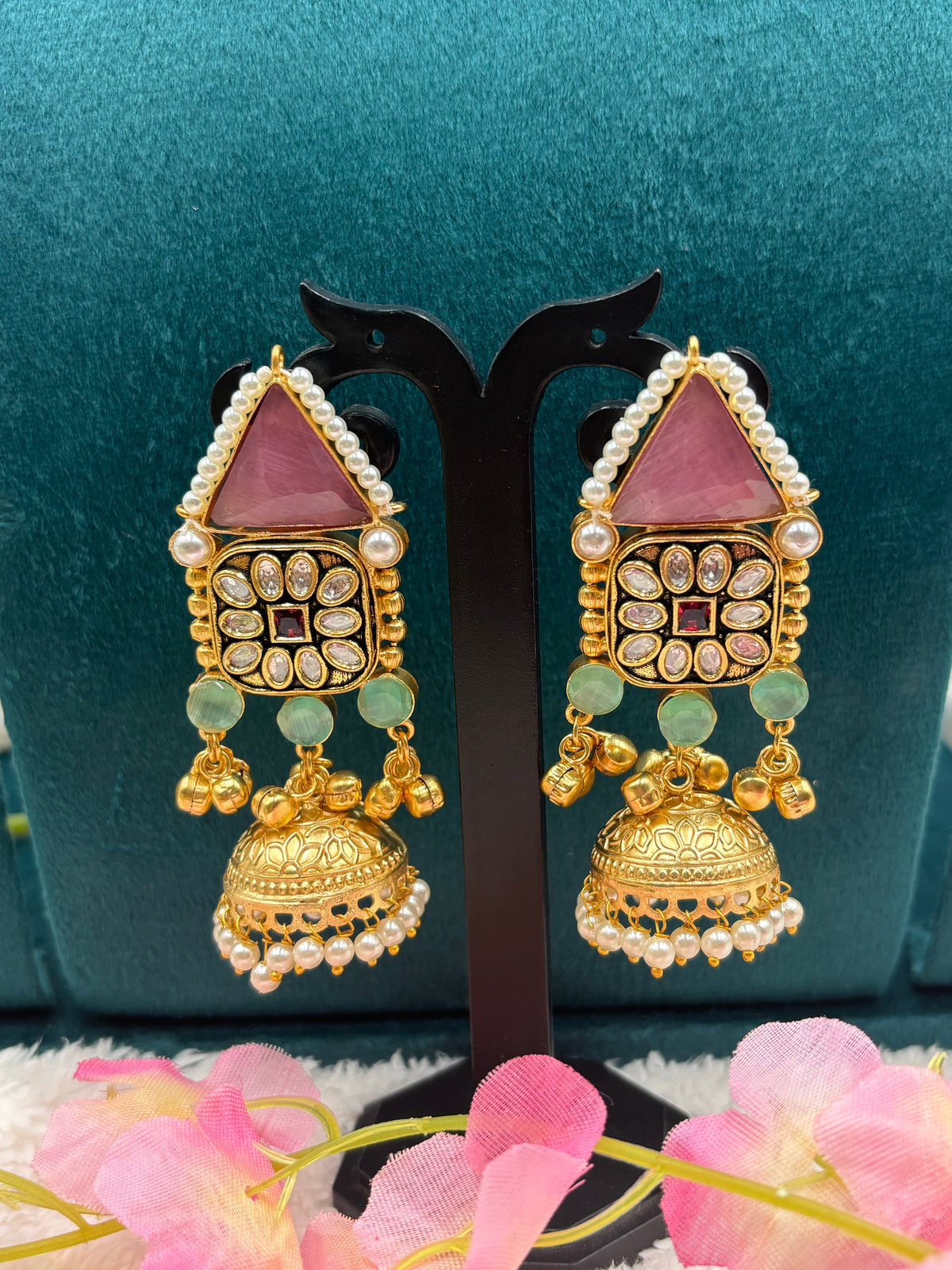 Statement Gold Earrings with Pink Triangular Stone & Kundan Work