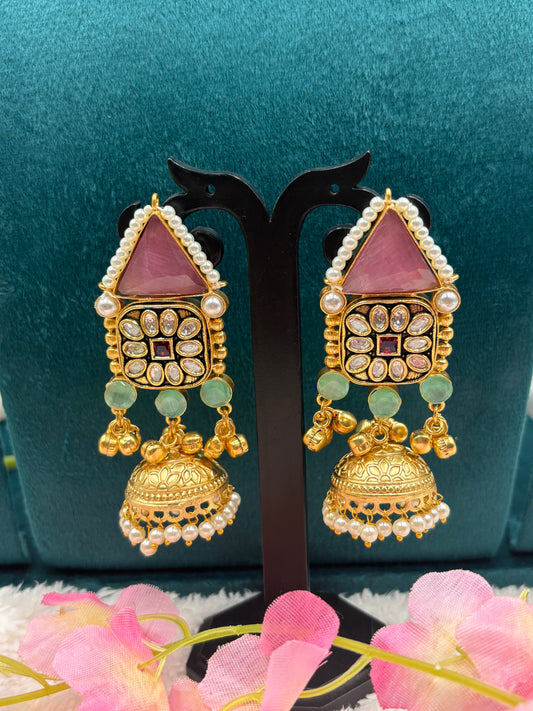 Statement Gold Earrings with Pink Triangular Stone & Kundan Work