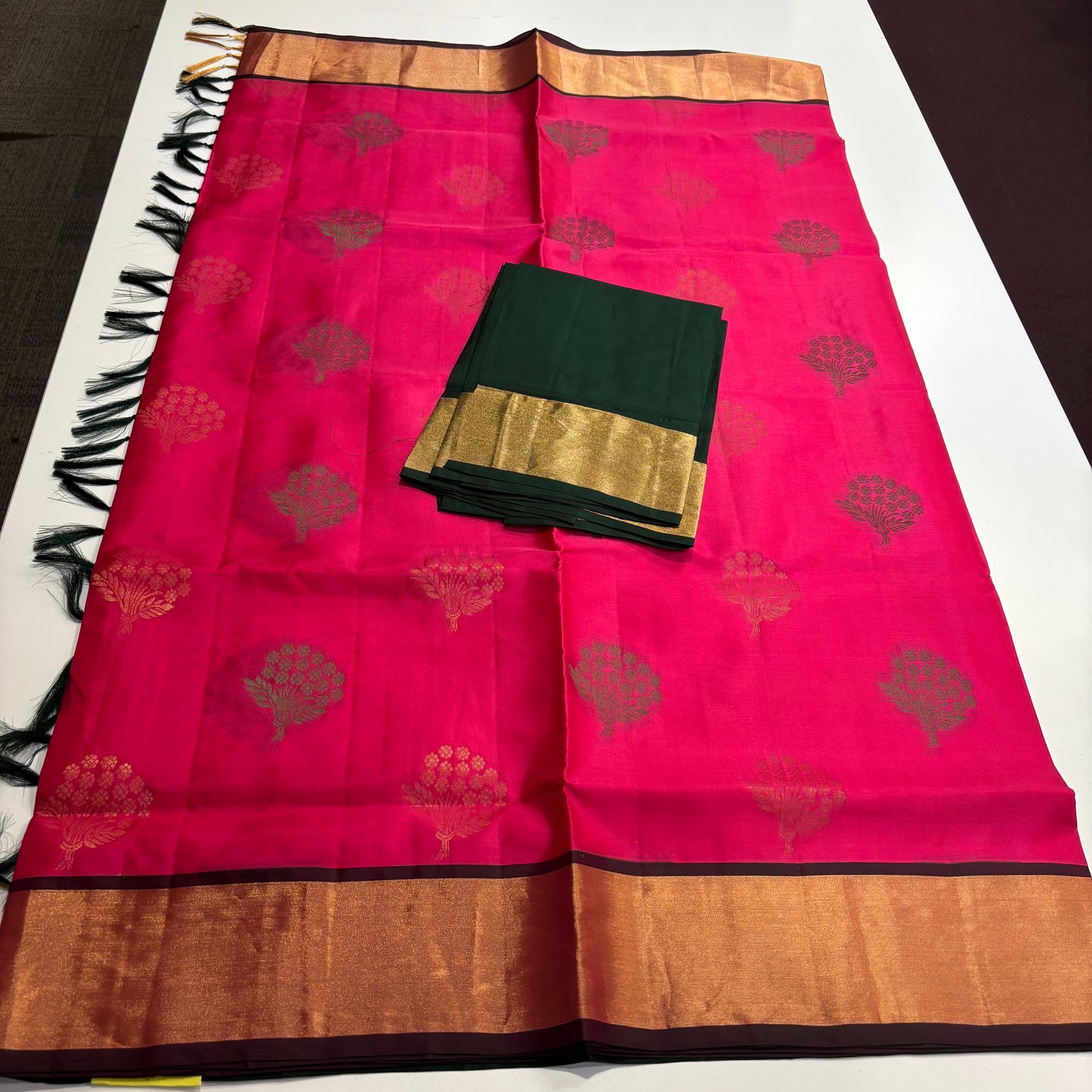 Handwoven Kanchipuram Silk Saree in Rani Pink and Bottle Green with Gold Zari Work