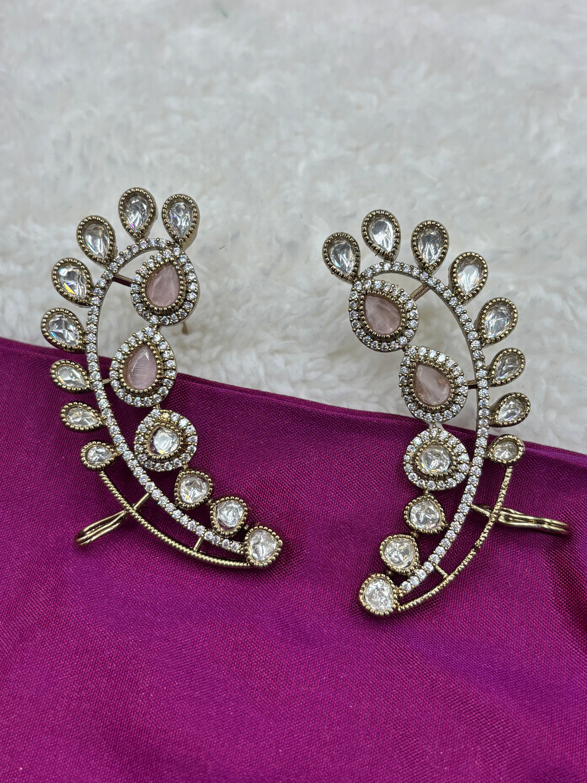 Elegant Gold Finish Polki Ear Cuff Studs with Light Crystal Stones