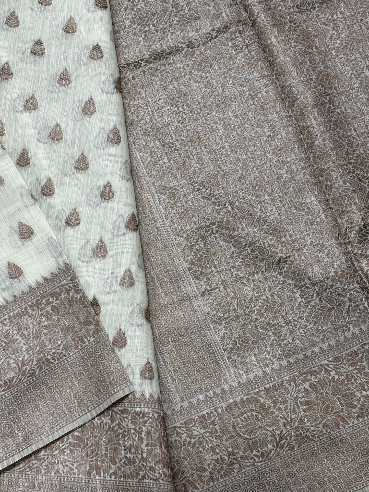 Elegant Beige Pure Tussar Saree with Brown Brocade Pallu & Antique Zari Border | Shrees Fashion