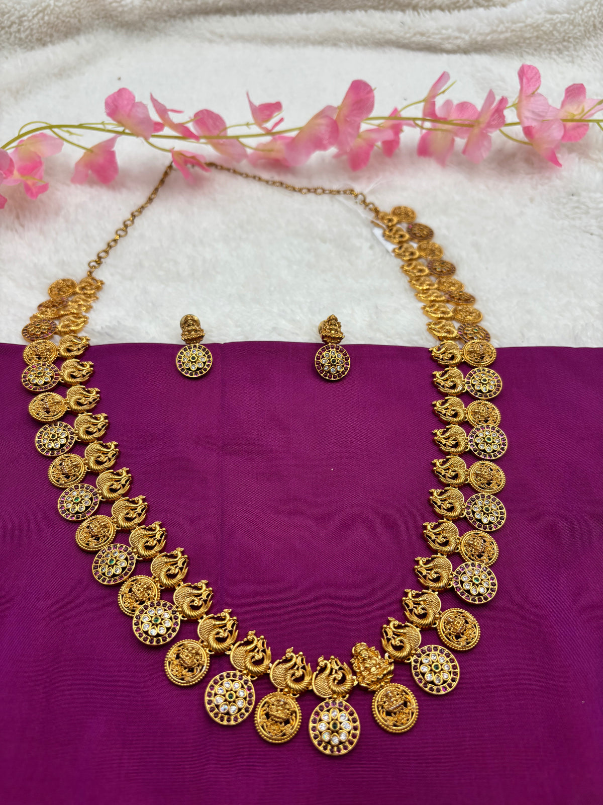 Antique Temple Jewellery Set – Peacock & Lakshmi Coin Long Haram with Earrings