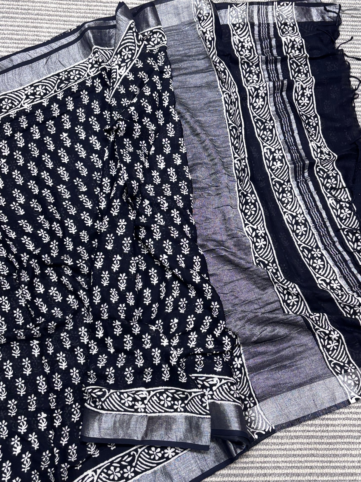 Elegant Black Linen Cotton Saree Featuring Traditional Hand Block Designs | Shrees Fashion