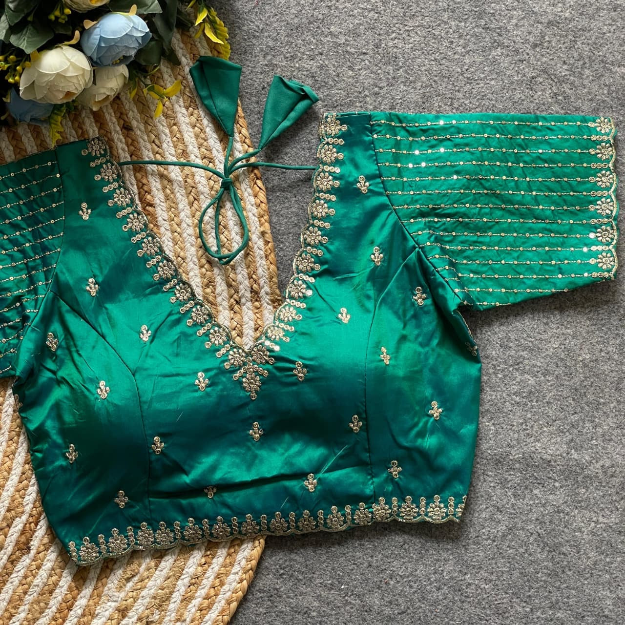 Emerald Green V-Neck Blouse with Antique Gold Embroidery