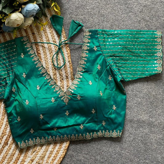 Emerald Green V-Neck Blouse with Antique Gold Embroidery