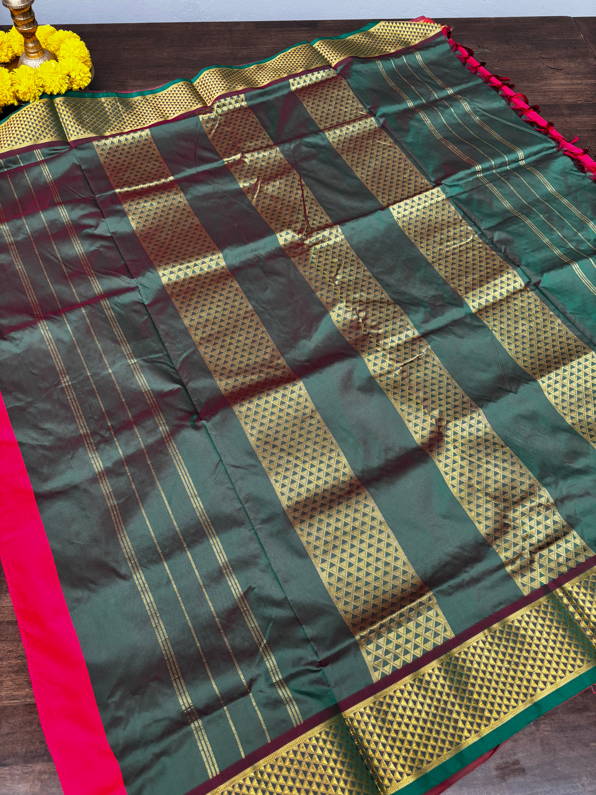 Heritage Red Semi Silk Madisar with Green Pallu