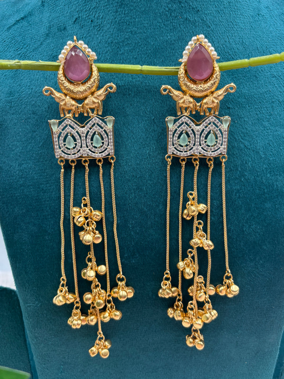 Elephant Design Kashmiri Earrings with Light Pink Kundan Stone & Ghungroo Chains