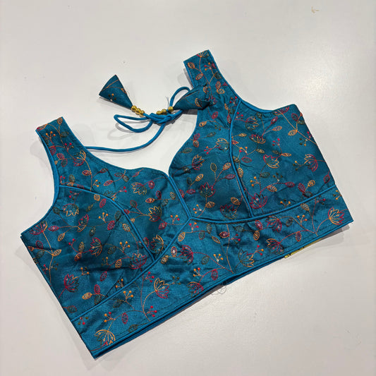 Blue Readymade Blouse with Gold Embroidery & Attached Sleeve Fabric