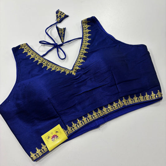Royal Blue Sleeveless Blouse – Golden Embroidery & Draped Sleeve Detail