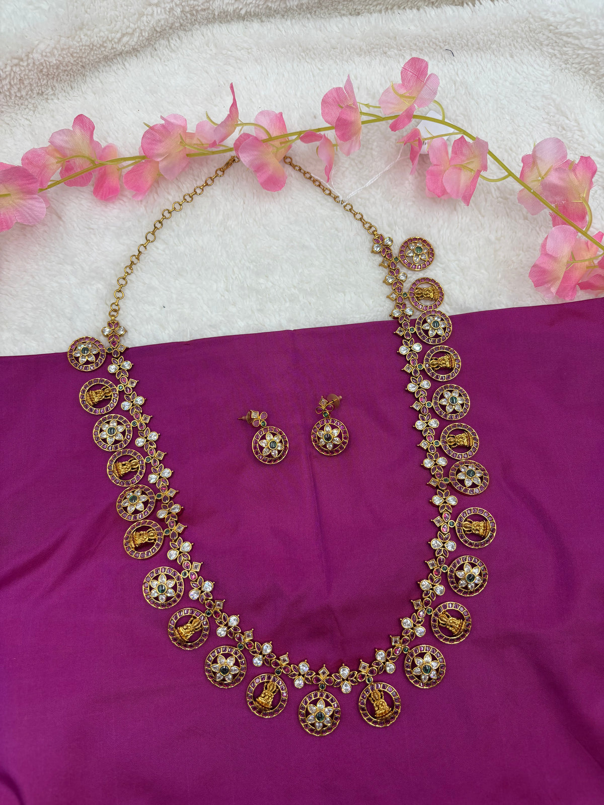 Premium Temple Jewellery – Coin Design Long Haram Set with Kemp Stones & Earrings
