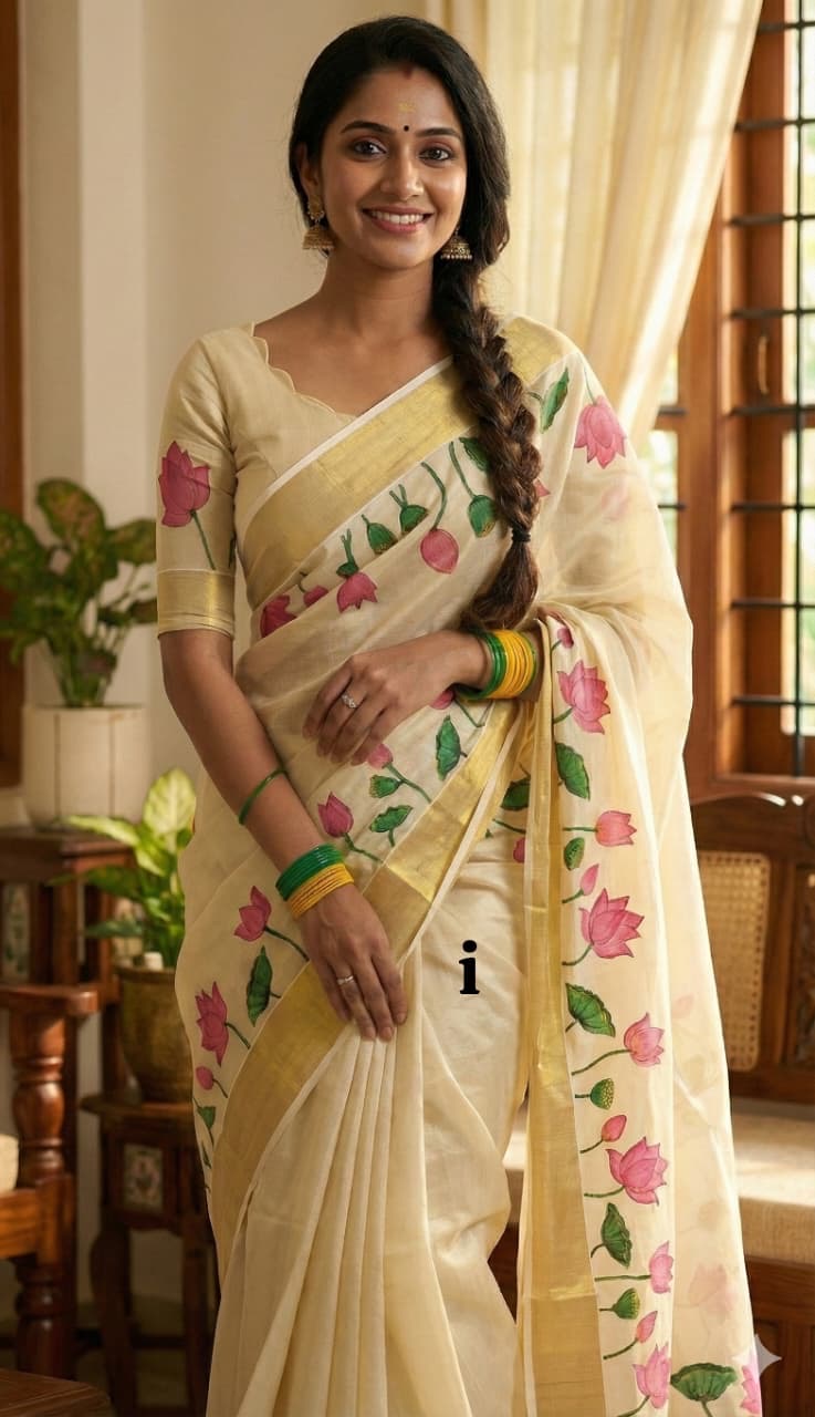 Premium Kerala Kasavu Saree in Floral Tissue Silk – South Indian Traditional Wear