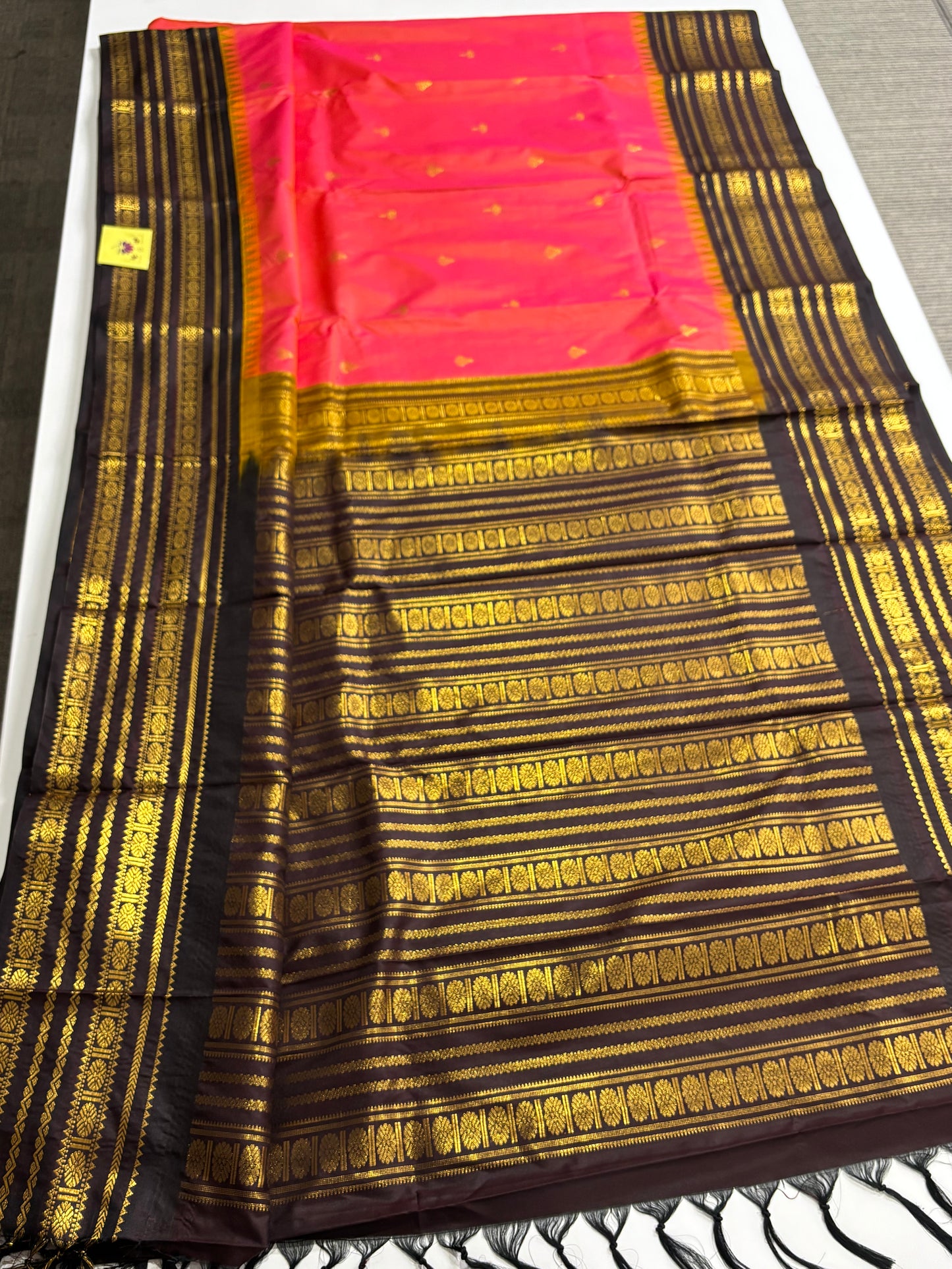 Peach & Brown Kanchipuram Semi Silk Saree with Contrast Border & Pallu