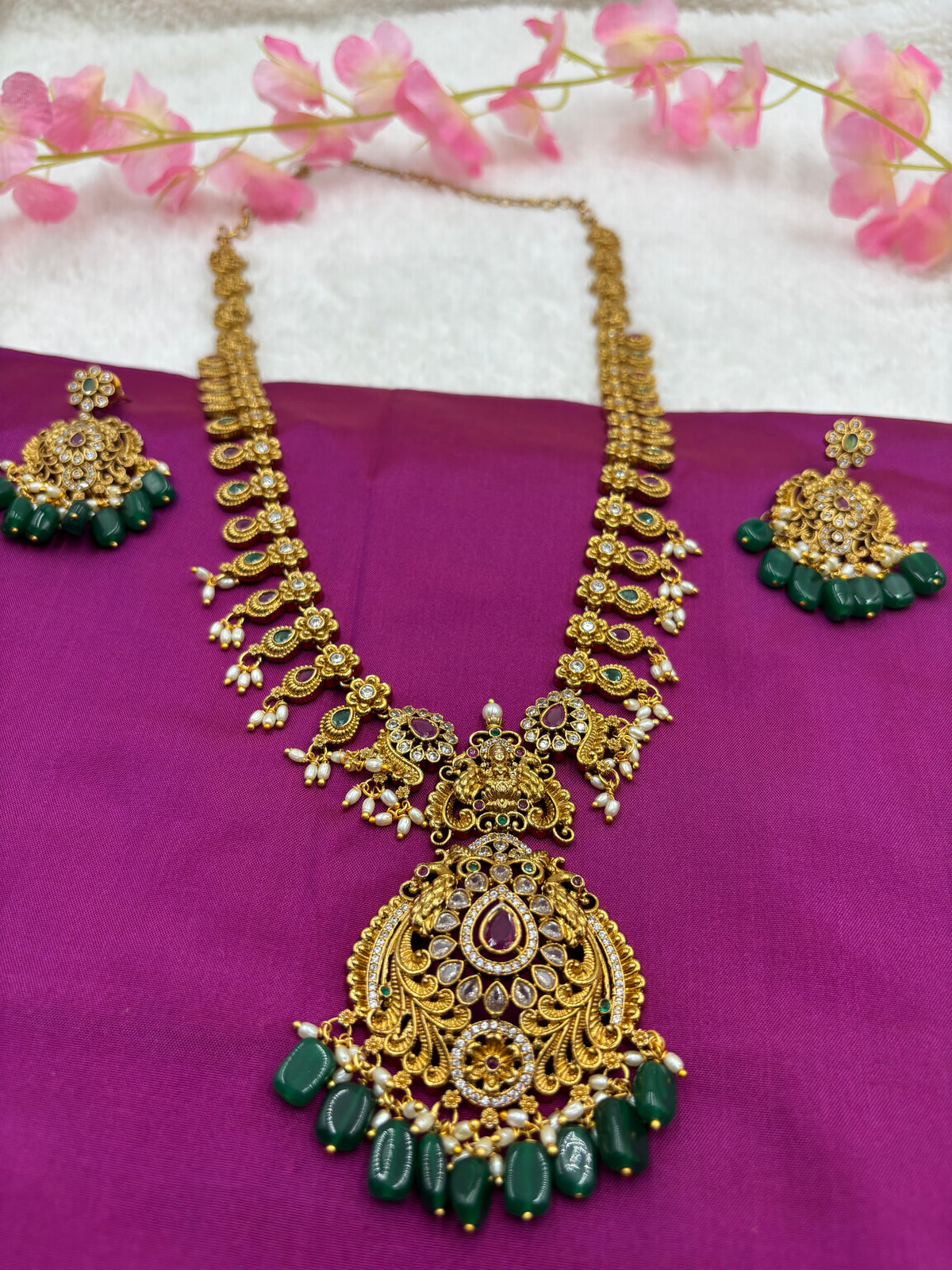Traditional Temple Long Haram Set – Gold Finish with Intricate Craftsmanship