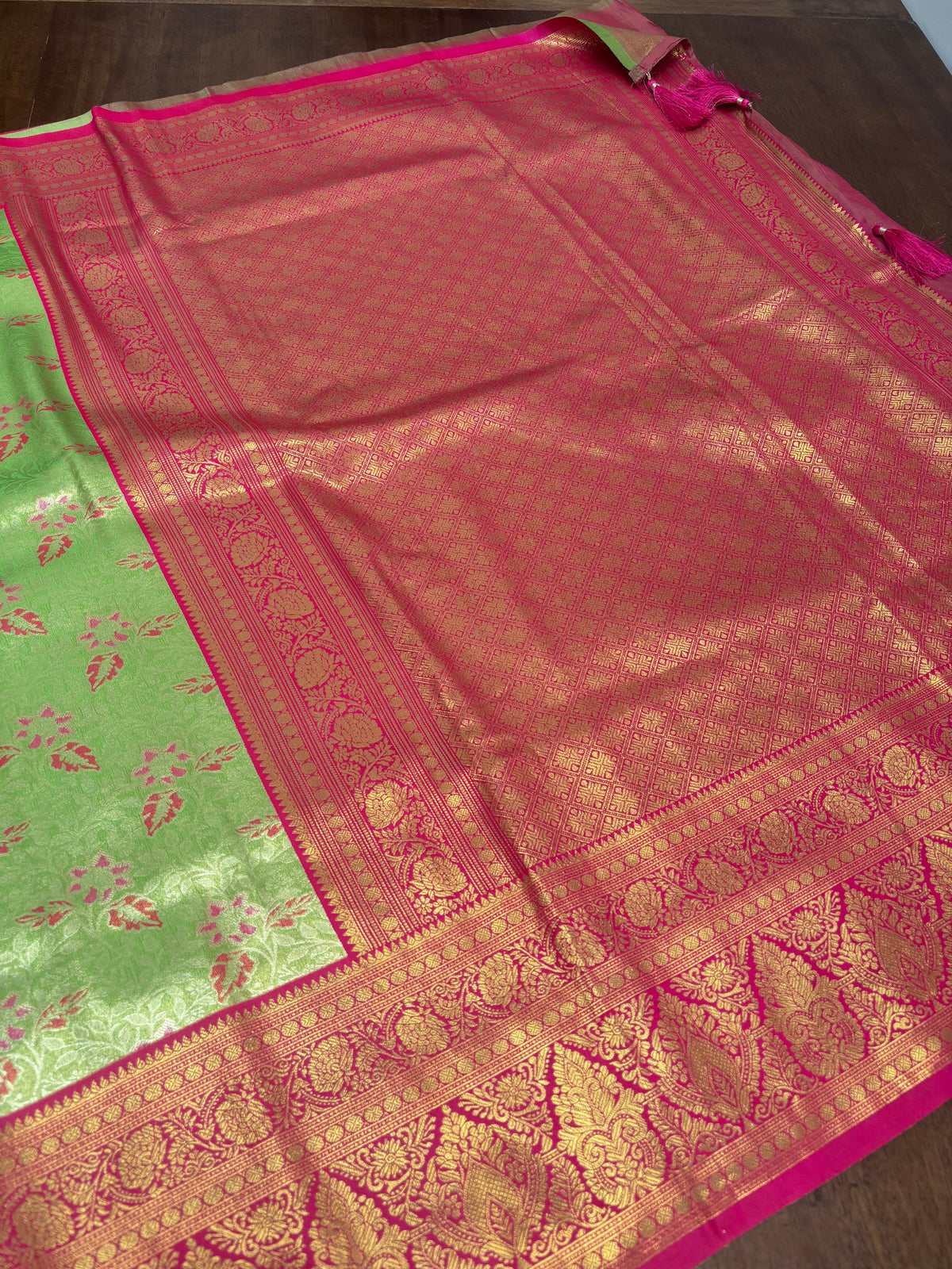 Classic Kanchi Soft Silk Saree with Parrot Green Body and Pink Border