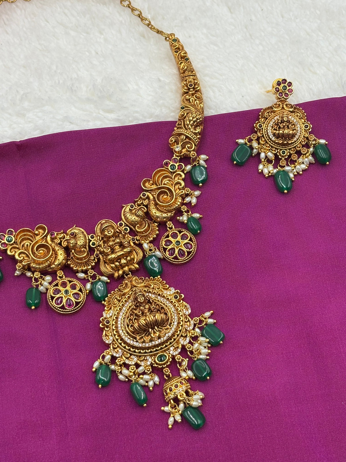 Premium Nakshi Design Temple Necklace Set with Green Beads & Matching Earrings
